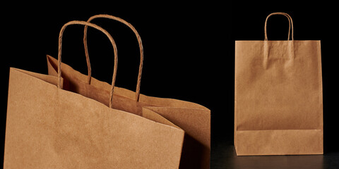 A mockup brown paper bag on a black background with logo space and twisted pens. Eco bag. The...