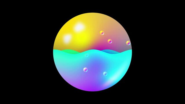 A colorful ball with waves and bubbles inside on black background 3d rendering.
