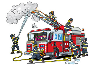 Firefighters near a fire truck extinguish the fire - 509652529