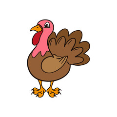 Cartoon banner with colorful turkey bird on white background. Holiday background. Funny vector illustration.