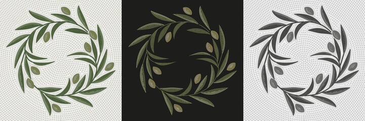 Decorative mosaic of olive branch and olives made with tesserae in the old classic style of Mediterranean Greco-Roman art. - obrazy, fototapety, plakaty
