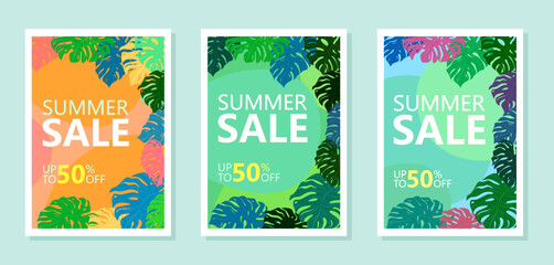 Set of design banner templates of discount promotion banner on tropical background with monstera leaves. Special summer offer and discount up to 50% off banner template design