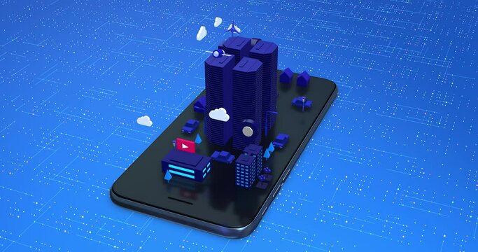 Isometric 3D City Animation On Smart Phone. Futuristic Smart City At Night. Loop. Technology Related 3D 4K Motion Graphics.