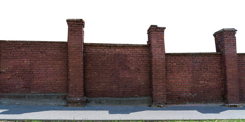 Abandoned red brick wall isolated on white background for design. Template and mockup fence.