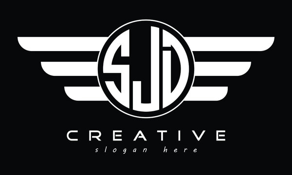 SJD three letter initial letter logo in circle with wings vector template.