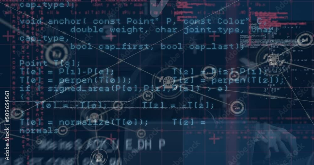 Poster animation of digital interface and network of connections over hacker