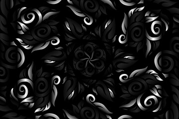 Black and white caleidoscope gradient flower  art pattern of indonesian culture traditional tenun batik ethnic dayak ornament for wallpaper ads background 