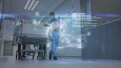 Animation of digital interface over biracial male doctor wearing face mask - Powered by Adobe