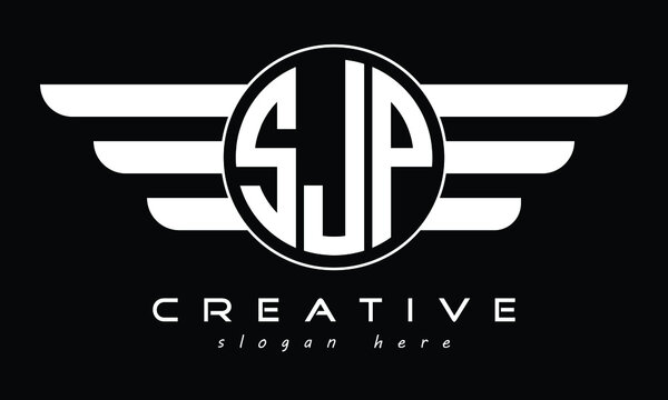 SJP three letter initial letter logo in circle with wings vector template.