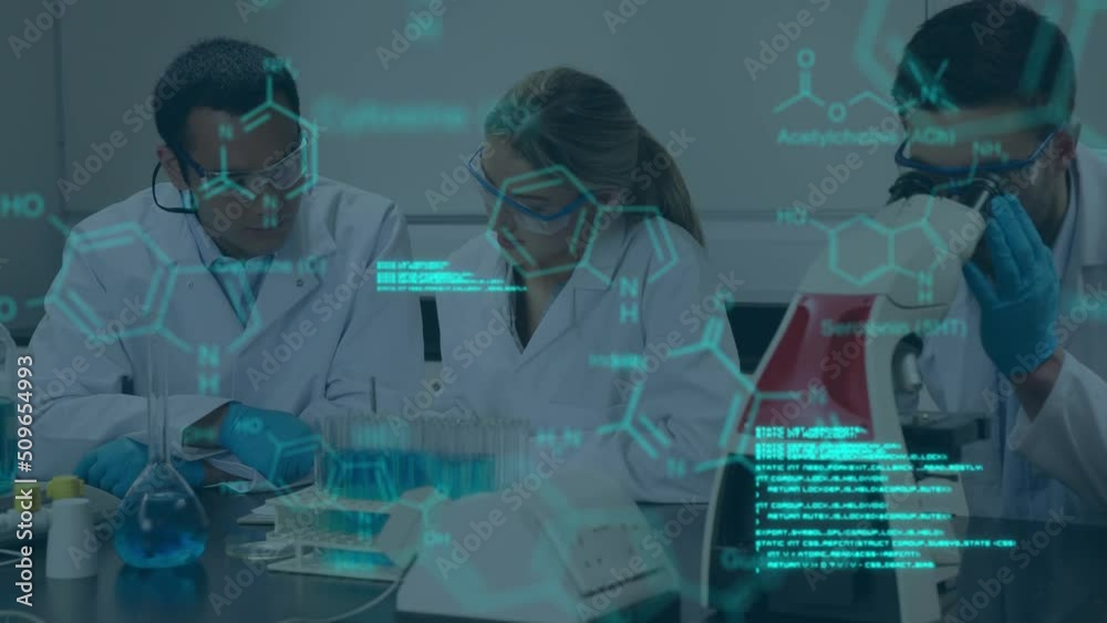 Poster animation of science data processing over diverse group of scientist in laboratory