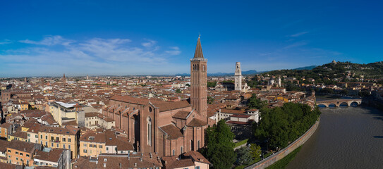 Aerial panorama of Verona, Italy. Aerial view of Basilica di Santa Anastasia church, Ponte Pietra...