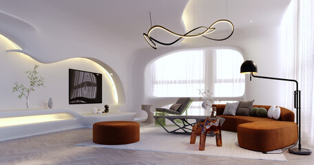 3d rendering,3d illustration, Interior Scene and  Mockup,Modern style white curved living room.