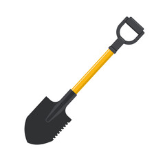 Tourist shovel for travel with wooden handle. Touristic equipment for hiking, camping and tourism. Isolated object for print, stickers, logo and web design. Flat vector illustration, white background