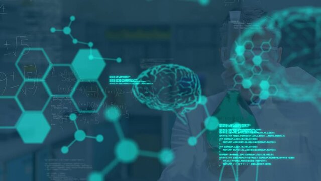 Animation of science data processing over caucasian male scientist in laboratory