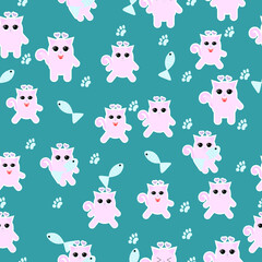 Cute Cartoon Cat Vector Icons, Seamless Pattern And Background