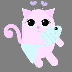 Cute baby cat with bird. Vector illustration for baby shower, greeting card, party invitation, fashion clothes t-shirt print.