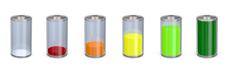 different charging status battery load on white background. Isolated 3d illustration