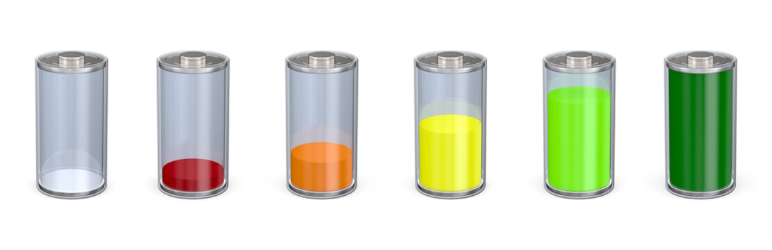 different charging status battery load on white background. Isolated 3d illustration