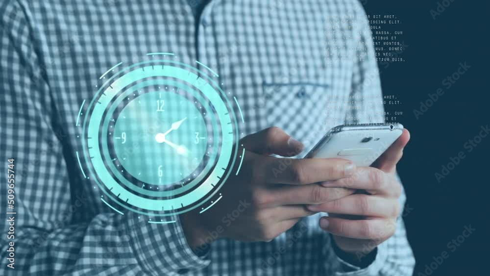 Poster Animation of clock and data processing over midsection of caucasian man using smartphone