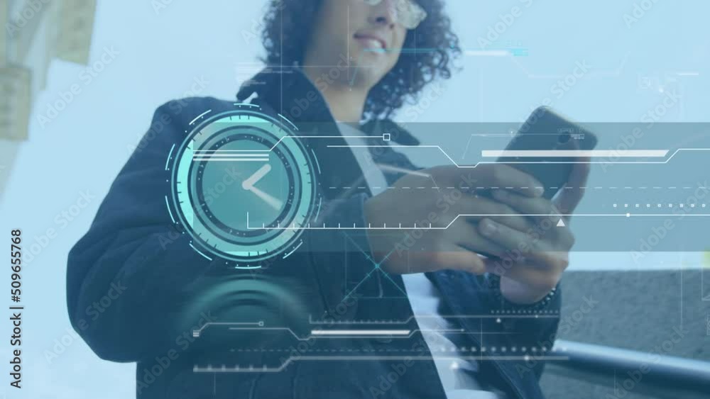 Poster animation of clock and data processing over midsection of biracial man using smartphone