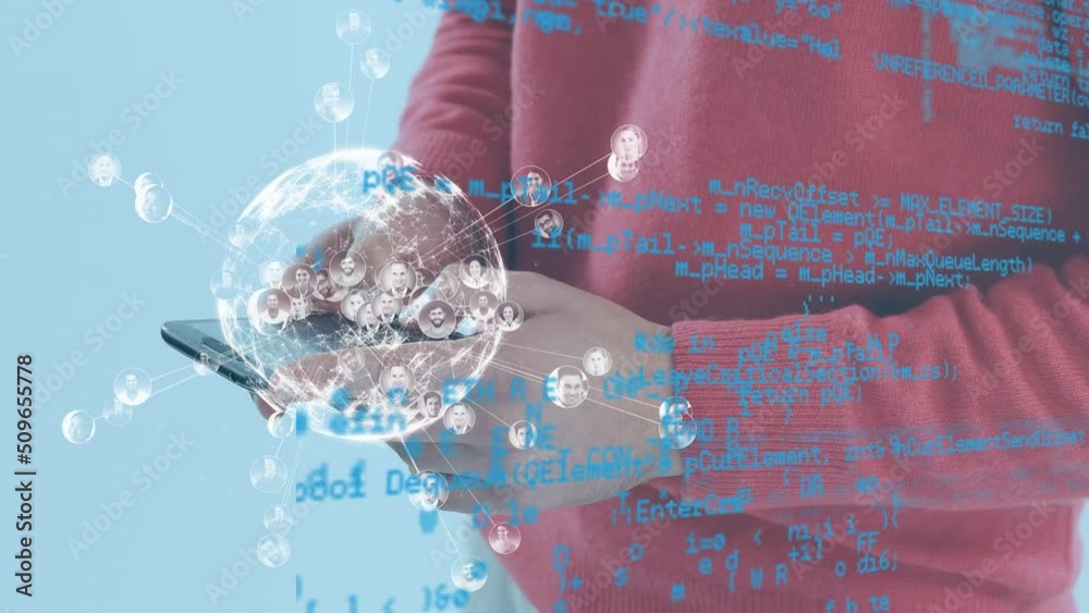 Poster Animation of globe and data processing over midsection of caucasian man using smartphone