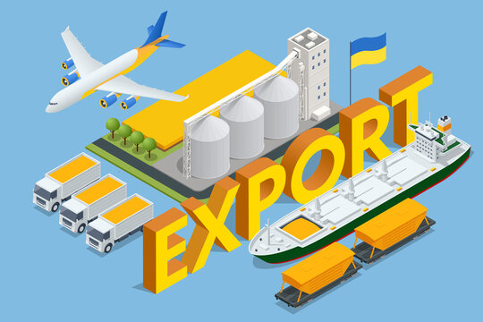 The concept of harvest, export, import. Isometric Grain Export. Global logistics network, logistic import export and transport