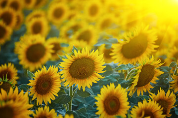 Fototapeta na wymiar Panorama Landscape Of Sunflower fields And blue Sky clouds Background.Sunflower fields landscapes on a bright sunny day