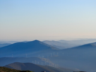 Mountain landscape at Torre, Serra da Estrela, Portugal. View of the mountain chain and widmills
