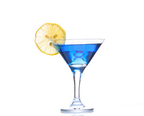 Blue lagoon cocktail in martini glass with lemon slice isolated on white background