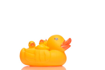 Rubber duck with ducklings isolated on white background with reflection