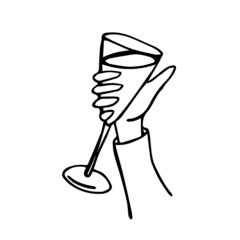 A hand holds a glass. Vector illustration of a human hand on a white background isolated. Can be used for design for birthday, holiday, October fest