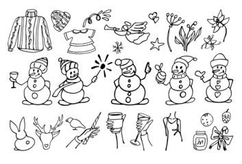 Fototapeta premium Christmas set of elements in doodle style. The collection includes funny snowmen, Christmas flowers, a knitted hat and sweater, a baby dress, a magic wand, a female figure, a jar, a glass of champagne