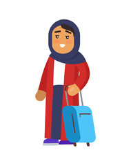 Muslim woman holding luggage and having calm smiling expression on face, lady wearing long clothes exited to travel, isolated on vector illustration