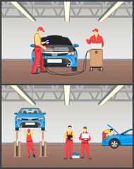 Engine maintenance and car suspension inspection colorful vector illustration of automobile workshop, mechanics in special equipment, repair tools