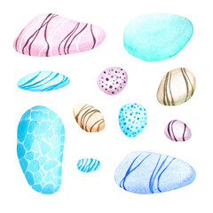 Pebbles set. Hand drawn watercolor illustration isolated on white background.
