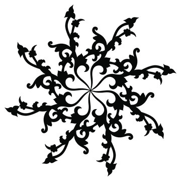 Round spiral mandala with floral motifs. Star shape with stylized branches. Vintage style. Black silhouette on white background.