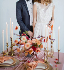 Autumn wedding, bride and groom dinner - obrazy, fototapety, plakaty