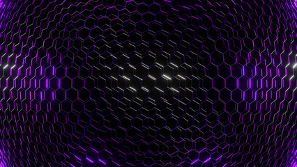 3d Rendering Hexagonal background, depth of field effect. Futuristic cellular 3d panel with hexagons and neon light. Geometric background for phone design