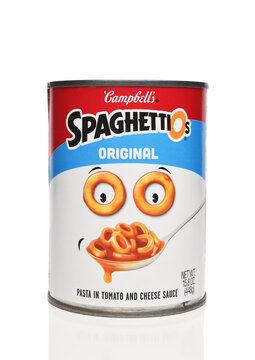 IRVINE, CALIFORNIA - 8 JUNE 2022: A can of Campbells Spaghettios Original, pasta in Tomato and Cheese Sauce.
