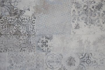 Old gray grey white vintage retro worn geometric arabesque shabby mosaic ornate patchwork motif...