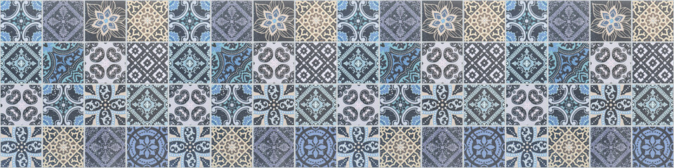 Old blue beige vintage worn geometric shabby mosaic ornate patchwork motif porcelain stoneware...