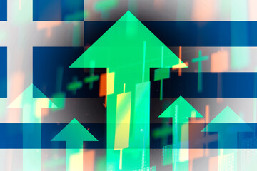 Increasing green arrows showing improvements in the economy or growth of stocks on the stock exchange in Greece. 