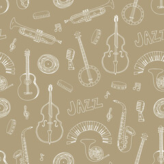 Jazz music, musical instruments vector seamless pattern