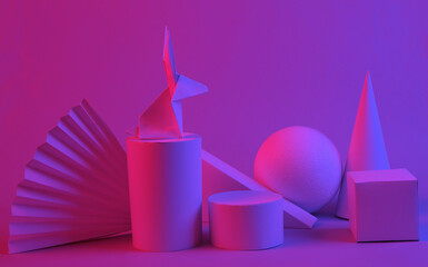 Easter minimalistic composition of origami bunny and geometric shapes in red blue neon light....