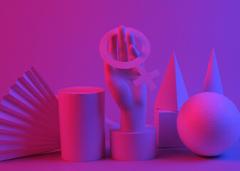 Feminism. Hand holding venus symbol, Geometric shapes in red-blue gradient neon light. Surrealism. Concept art, retro futurism, minimalism