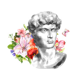 Antique statue with flowers. Ancient greece sculpture and floral bouquet modern trendy design. Watercolor illustration