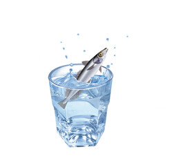 merlu, poisson, évasion, eau, en verre, boire, isolé, liquide, clapoter, froid, blanc, abattre, frais, bleu, éclaboussure, verser, bouillonner, sain, clair, transparent, fraîcheur, humide, glace