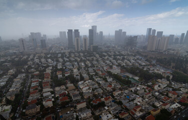 Rain in Tel Aviv. Aerial city view