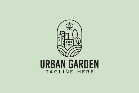 urban garden logo with a combination of urban and agricultural landscapes.