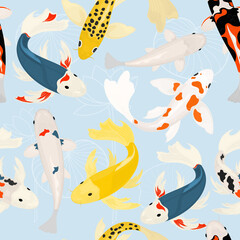 Seamless vector pattern with Japanese carps on a blue background.